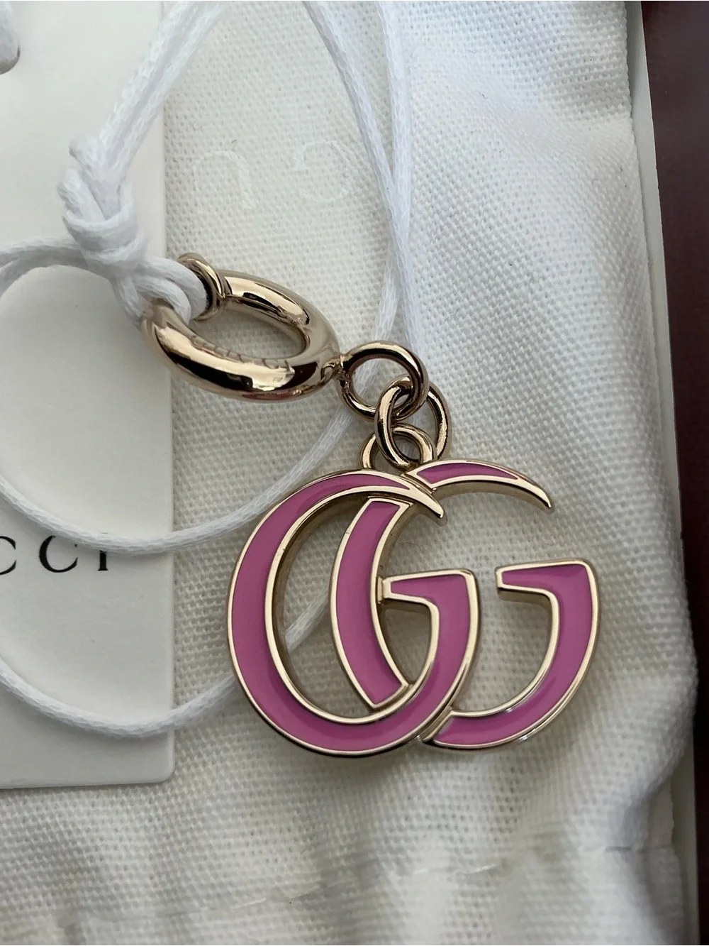 NEW IN BOX GUCCI PINK ENAMEL DOUBLE G LOGO BAG CHARM